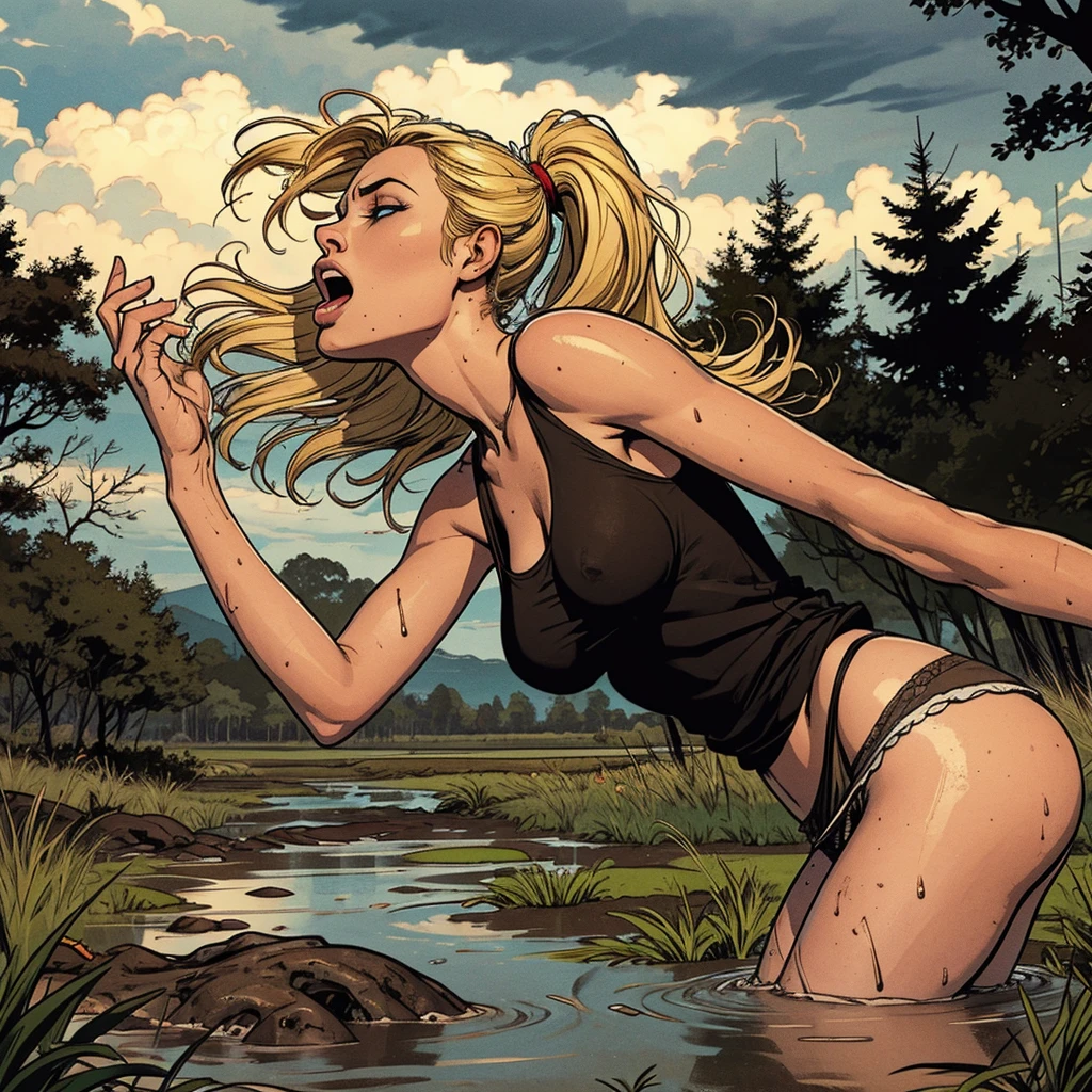 drowned in mud, bog, grass, trees, muck, orgasm, looking up, eyes closed, mouth open, stormy weather, Solo, From Side, wearing tank top and panty, blonde hair in ponytail