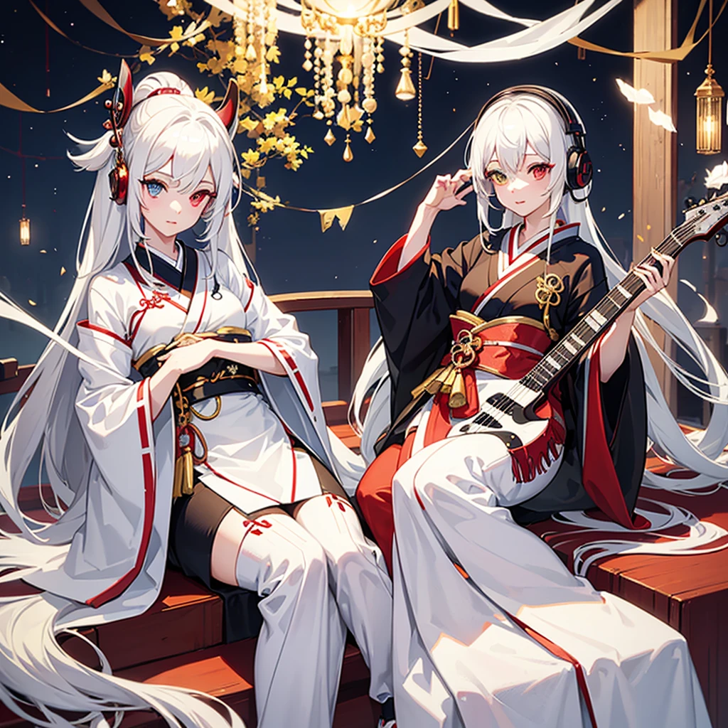 sitting geisha with white hair color, heterochromia and headphones playing a musical instrument