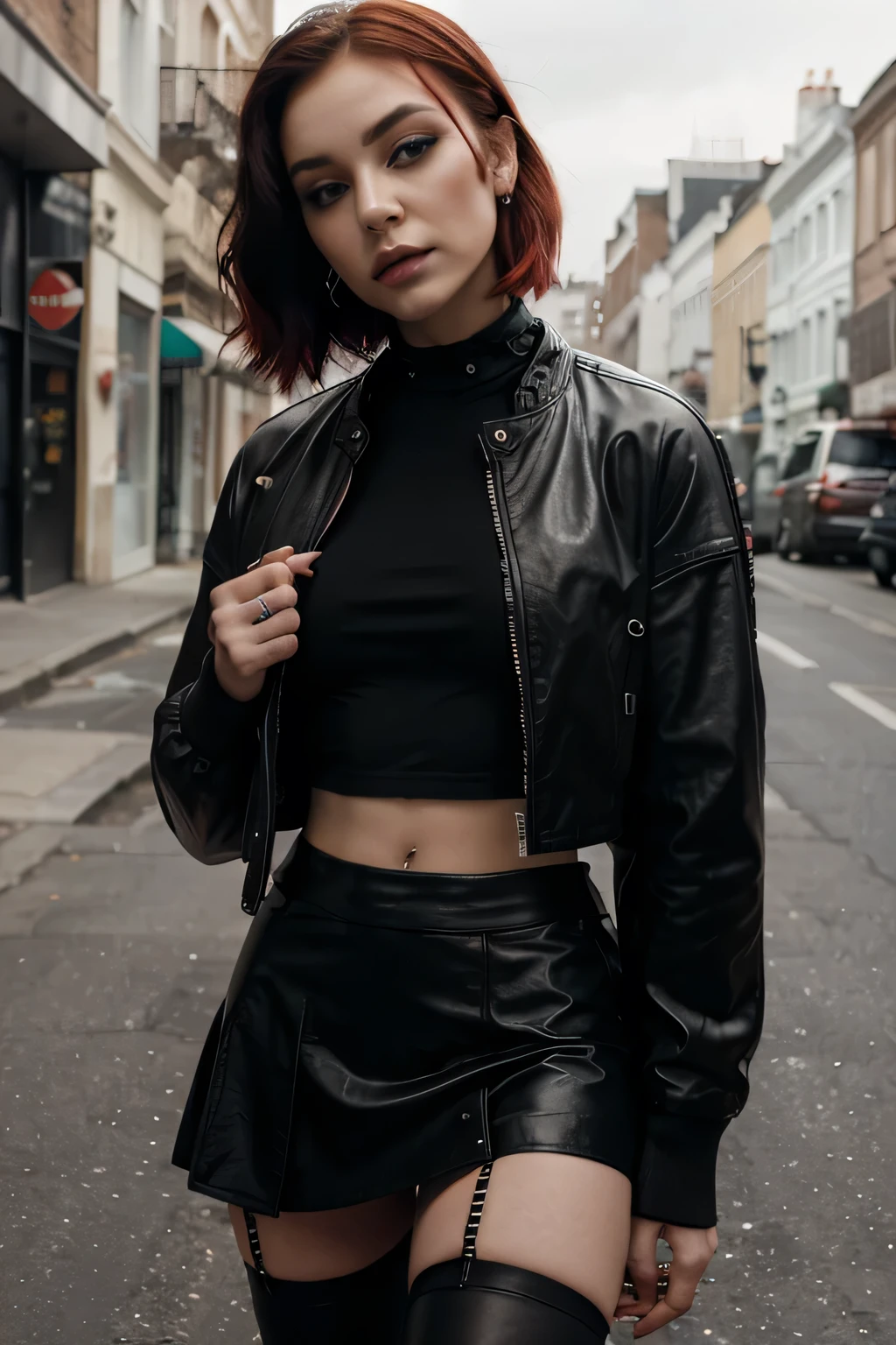 Young girl, acid red bob, piercings, dark makeup, leather jacket, white top, black skirt, power boots, mesh tights
