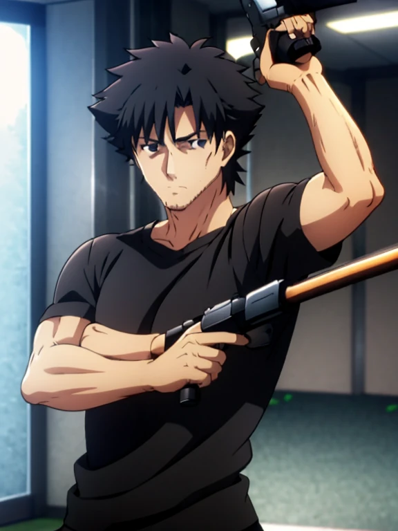 Emiya Kiritsugu,flexing biceps,black tshirt,short sleeves,showing abs, tshirt lifted up, curling gun, aiming