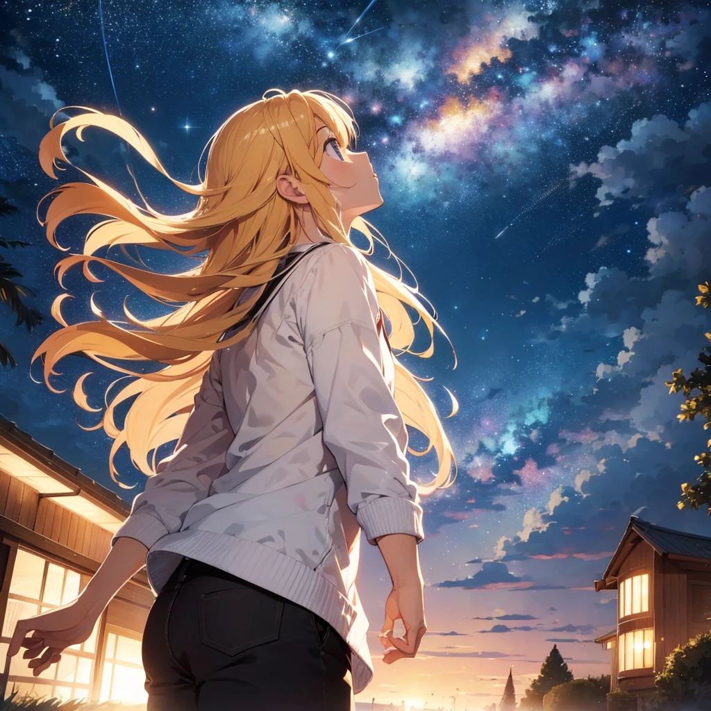 male, looking up at the sky, night time, beautiful view, outside, beautiful enviroment, golden hair