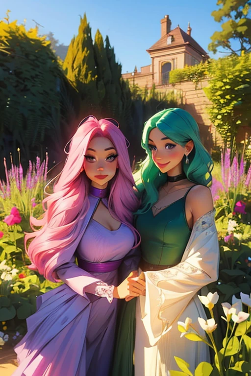 Two women. Perfect faces. Perfect hands. A pink haired woman with violet eyes and an hourglass figure is posing with a green haired woman with violet eyes with an hourglass figure and glasses in matching dresses and big smiles in a garden