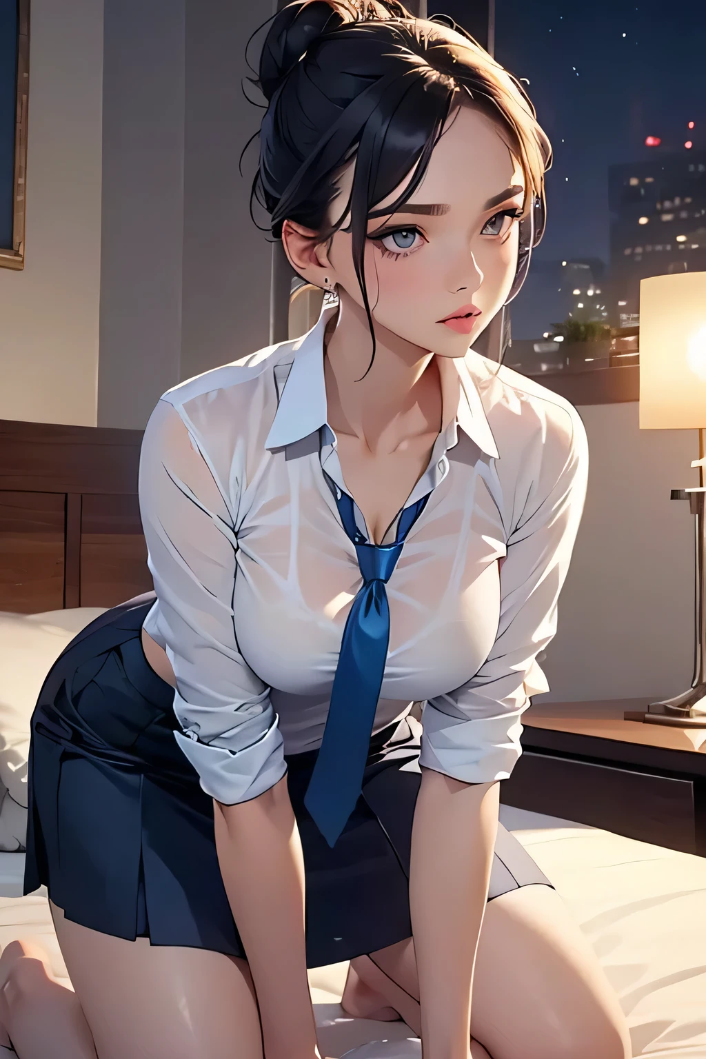 Sexy woman, seductive gaze, parted lips, white shirt, blue tie and skirt, kneeling down on bed, tying her hair in a bun, night time, candles lit