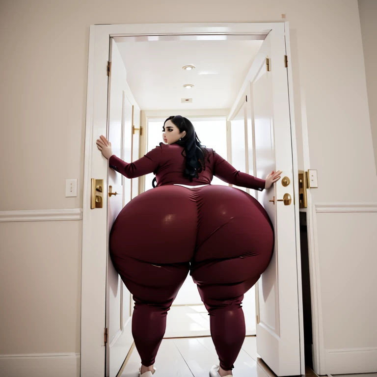 masterpiece, 1girl behind a doorway, from behind, (doorstuck, stuckbehind:1.3), ssbbw ,huge wide hips, round belly, thick thighs, giant butt,colorful clothing, wearing a maroon red suit and tie and formal pants, upset, desperately trying to wiggle through, she tries to free herself but she won't budge, she is stuck tight view from behind, she is too wide, the doorway is quite narrow too, she kicks her legs furiously, trying to wiggle her hips through the small door, but its no good, the door is too small, she keeps trying to squeeze through with frustration, she is stuck too tight