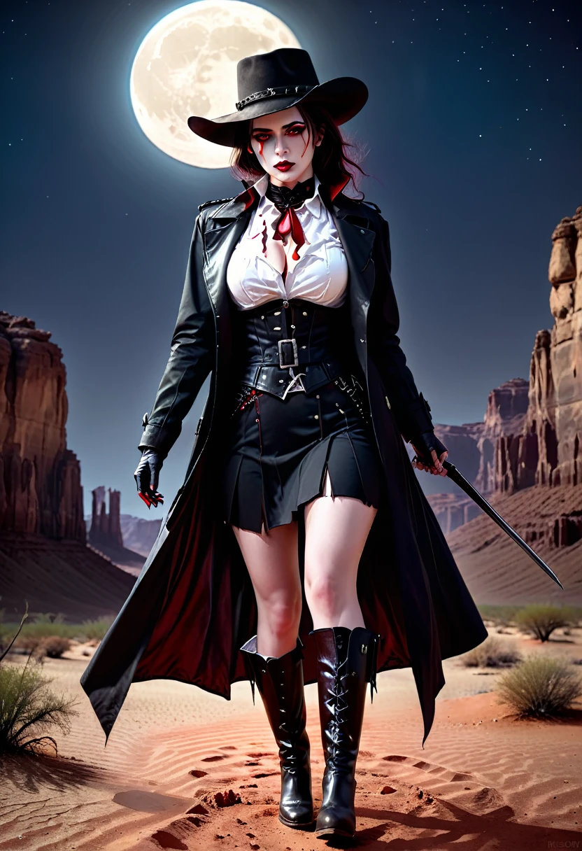 (19th century photograph style: 1.5) picture of a female vampire cowboy in the desert night, a goth beauty, exquisite beautiful female vampire, ((anatomically correct: 1.5), (ultra detailed face: 1.2), best detailed face, red glowing eyes, full body, busty, wearing white bottom shirt, short skirt, dynamic color. wearing (cowboy hat: 1.2), wearing high heeled boots, wearing open black trench coat, flowing trench coat,  it is night time in the desert, moon light. moon rays, west America desert canyon background, Hyperrealism style, vibrant, Ultra-high resolution, High Contrast, (masterpiece:1.5), highest quality, Best aesthetics), best details, best quality, highres, ultra wide angle, 16k, [ultra detailed], masterpiece, best quality, (extremely detailed) RAW, chumbasket art style, rpg portrait photograph, BloodSoakedAI, halsman