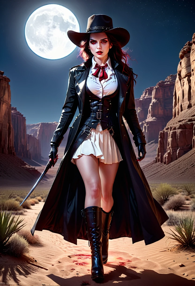 (19th century photograph style: 1.5) picture of a female vampire cowboy in the desert night, a goth beauty, exquisite beautiful female vampire, ((anatomically correct: 1.5), (ultra detailed face: 1.2), best detailed face, red glowing eyes, full body, busty, wearing white bottom shirt, short skirt, dynamic color. wearing (cowboy hat: 1.2), wearing high heeled boots, wearing open black trench coat, flowing trench coat,  it is night time in the desert, moon light. moon rays, west America desert canyon background, Hyperrealism style, vibrant, Ultra-high resolution, High Contrast, (masterpiece:1.5), highest quality, Best aesthetics), best details, best quality, highres, ultra wide angle, 16k, [ultra detailed], masterpiece, best quality, (extremely detailed) RAW, chumbasket art style, rpg portrait photograph, BloodSoakedAI, halsman