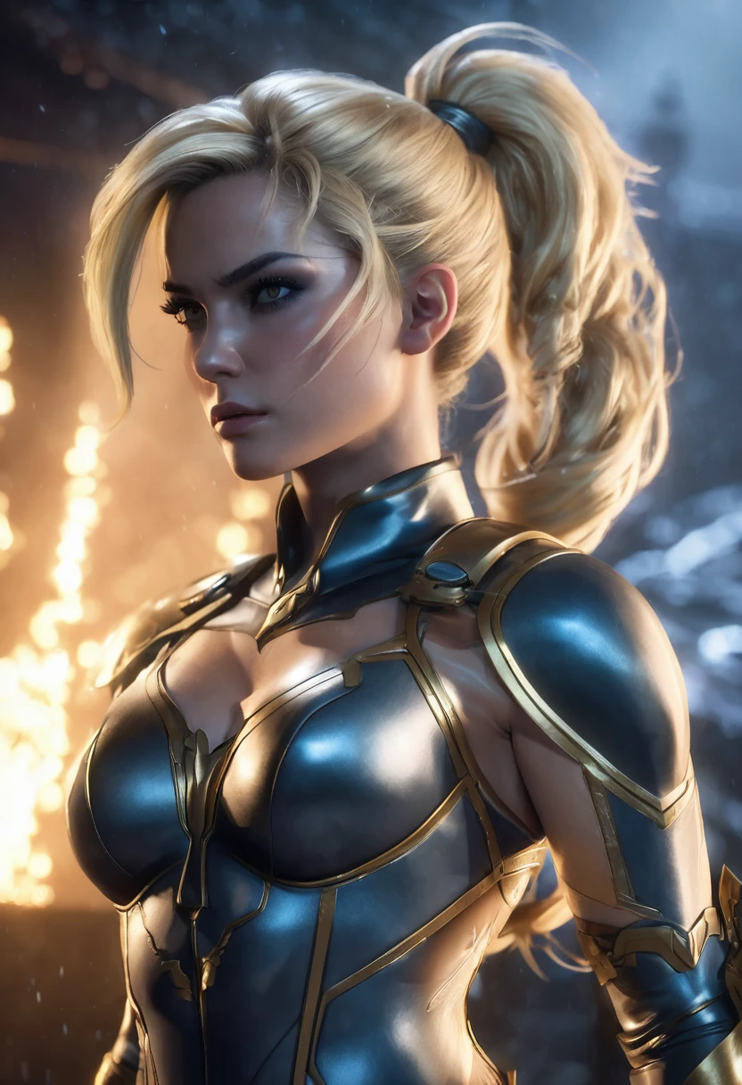 1 woman, nocturnal environment, wearing DC female version Aquamann costume, female body, detailed facial features, feminine light brown eyes, detailed white skin, blonde hair tied in two low ponytails, image showing full body, dramatic lighting, composition cinematic, cold palette, dark colors, atmospheric fog, strong body, thin chin, serious face, adult woman, (best quality, 4K, 8K, high resolution, art: 1.2), ultra-detailed, (realistic, photorealistic, photorealistic: 1.37)