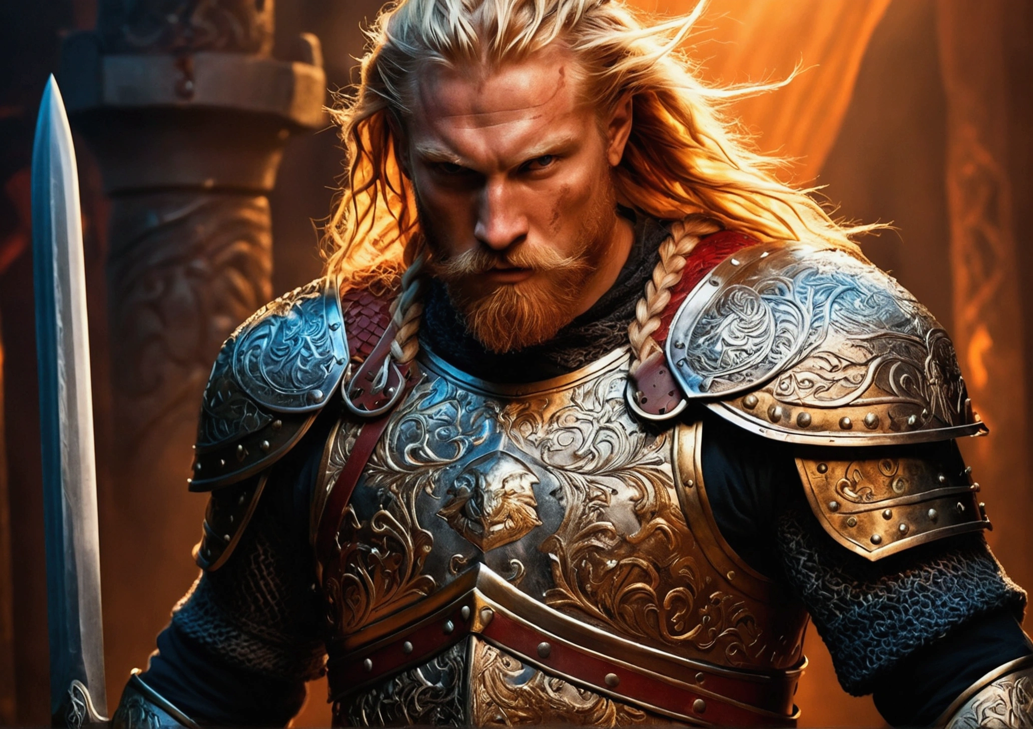 Tall blonde warrior man, boar themed, detailed golden armor, old engraved leather Cuirass, intricate designs on the Cuirass, intricate Cuirass engravings, imposing and powerful stance, fierce expression, red wild mane braided hair and beard, dynamic pose, intense battle scene, fantasy setting, vibrant colors, dramatic lighting, epic atmosphere, mythical creatures in the background, sword and viking shield, attention to anatomy and facial features, iconic use of highlights and shadows, capturing emotion, masterful composition