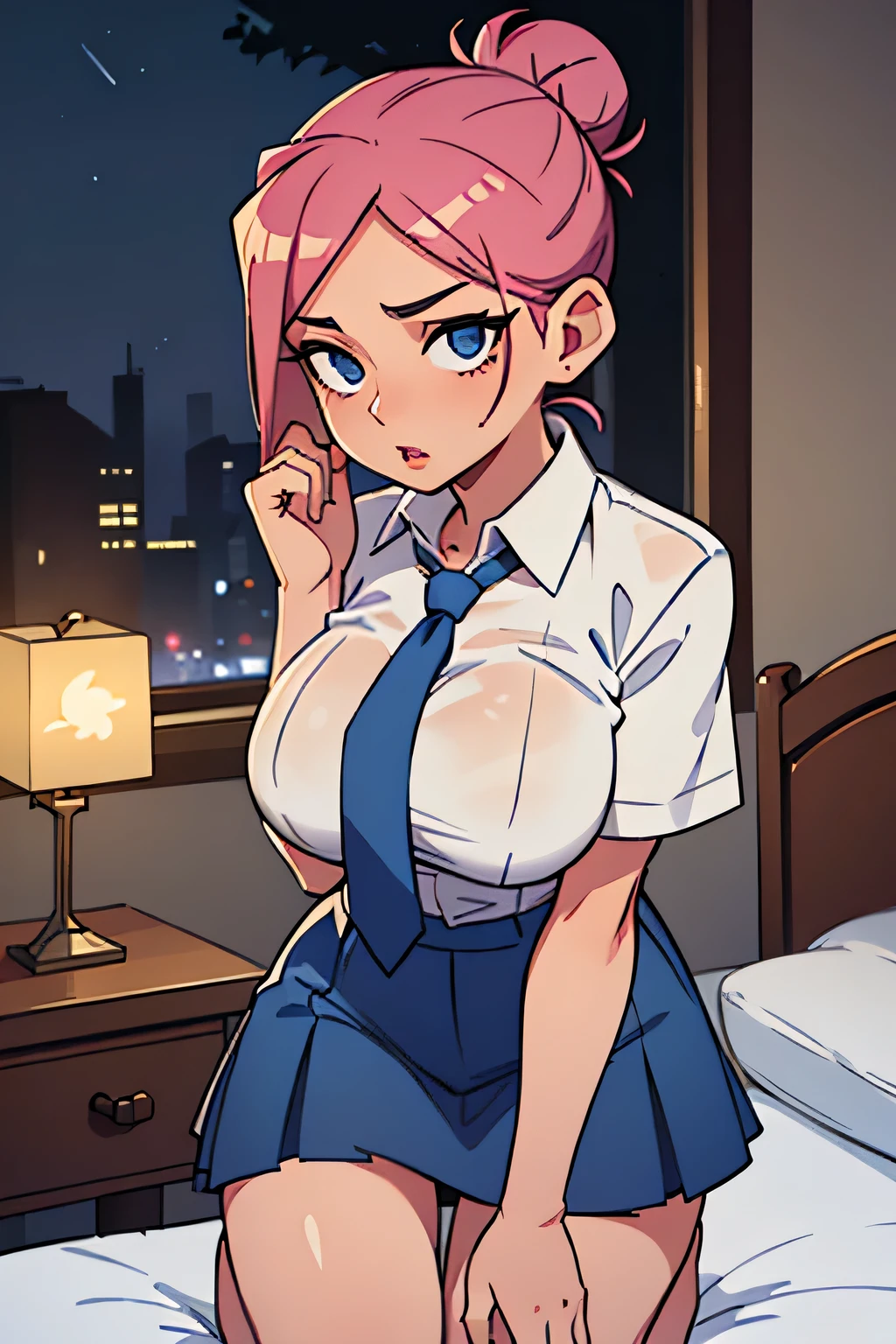 Sexy woman, seductive gaze, parted lips, white shirt, blue tie and skirt, kneeling down on bed, tying her hair in a bun, night time, candles lit
