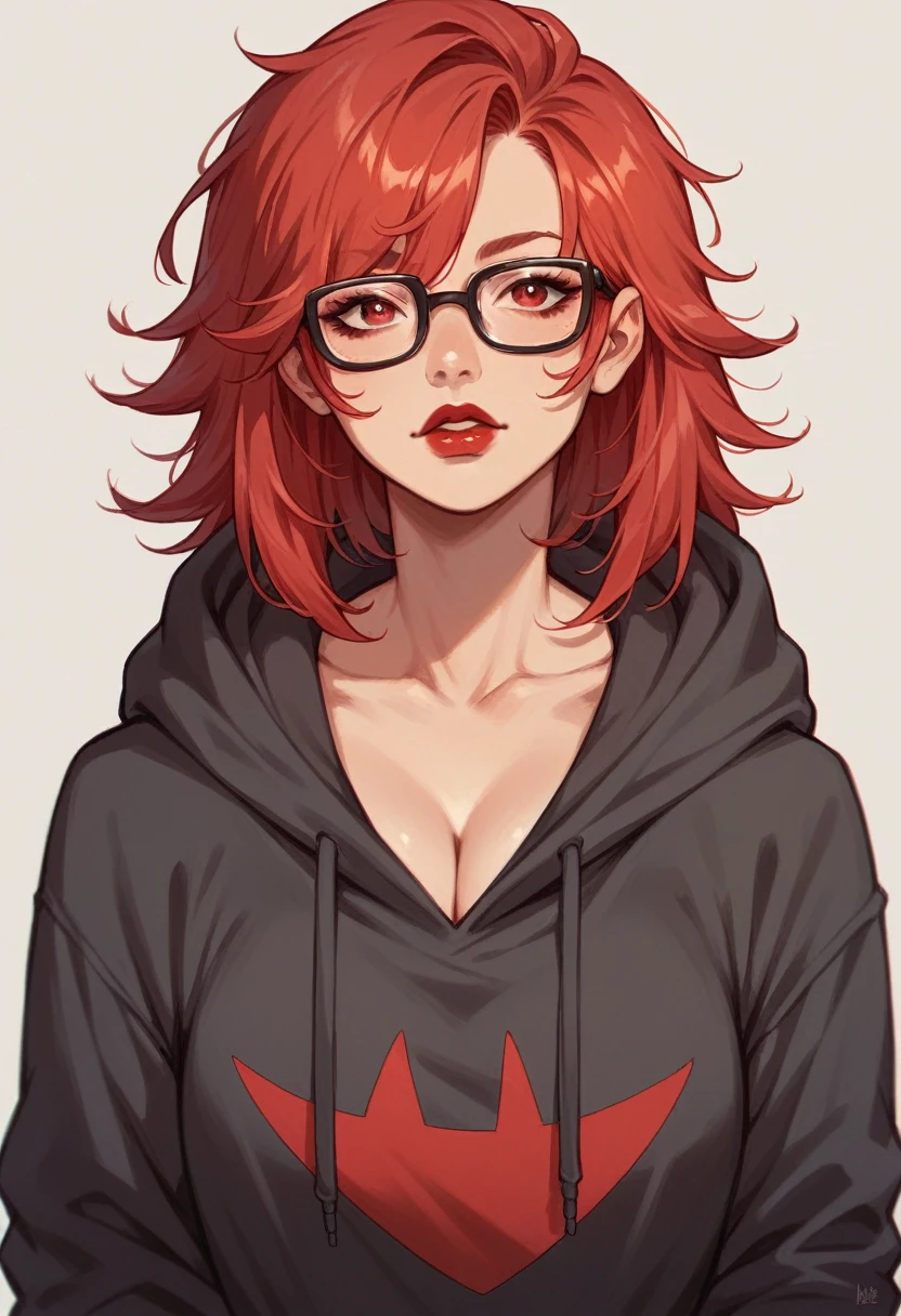 1girl,A young woman, 29 years old, Red hair, red eyes, wear hoodie, dinosaur hoodie, wear glasses, beautiful face, red lips, bright skin, big chest