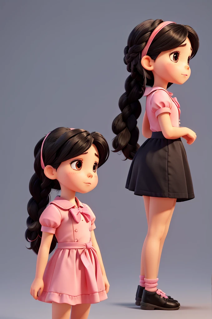 Character Image, , girl, in various angles and postures. floppy, 3 year old with black hair and 2 braids, pink bow, pink dress