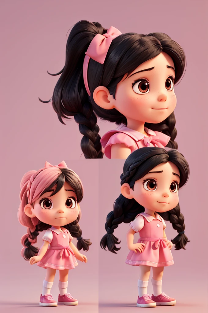 Character Image, , girl, in various angles and postures. floppy, 3 year old with black hair and 2 braids, pink bow, pink dress