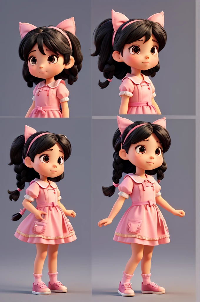 Character Image, , girl, in various angles and postures. floppy, 3 year old with black hair and 2 braids, pink bow, pink dress