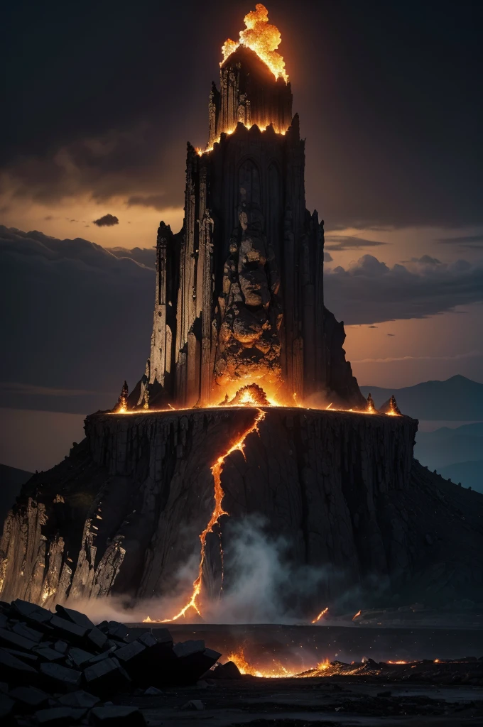 A majestic throne made of dark stone and adorned with intricate carvings, facing slightly to the right, located on a rocky outcrop. Behind the throne, a volcano is erupting, spewing lava and ash into the sky. The burning glow of lava illuminates the scene, casting dramatic shadows over the throne. The sky is full of dark ash clouds, and the ground around the throne is covered in molten rocks and debris. The overall atmosphere is intense and dramatic, highlighting the raw power of nature.
