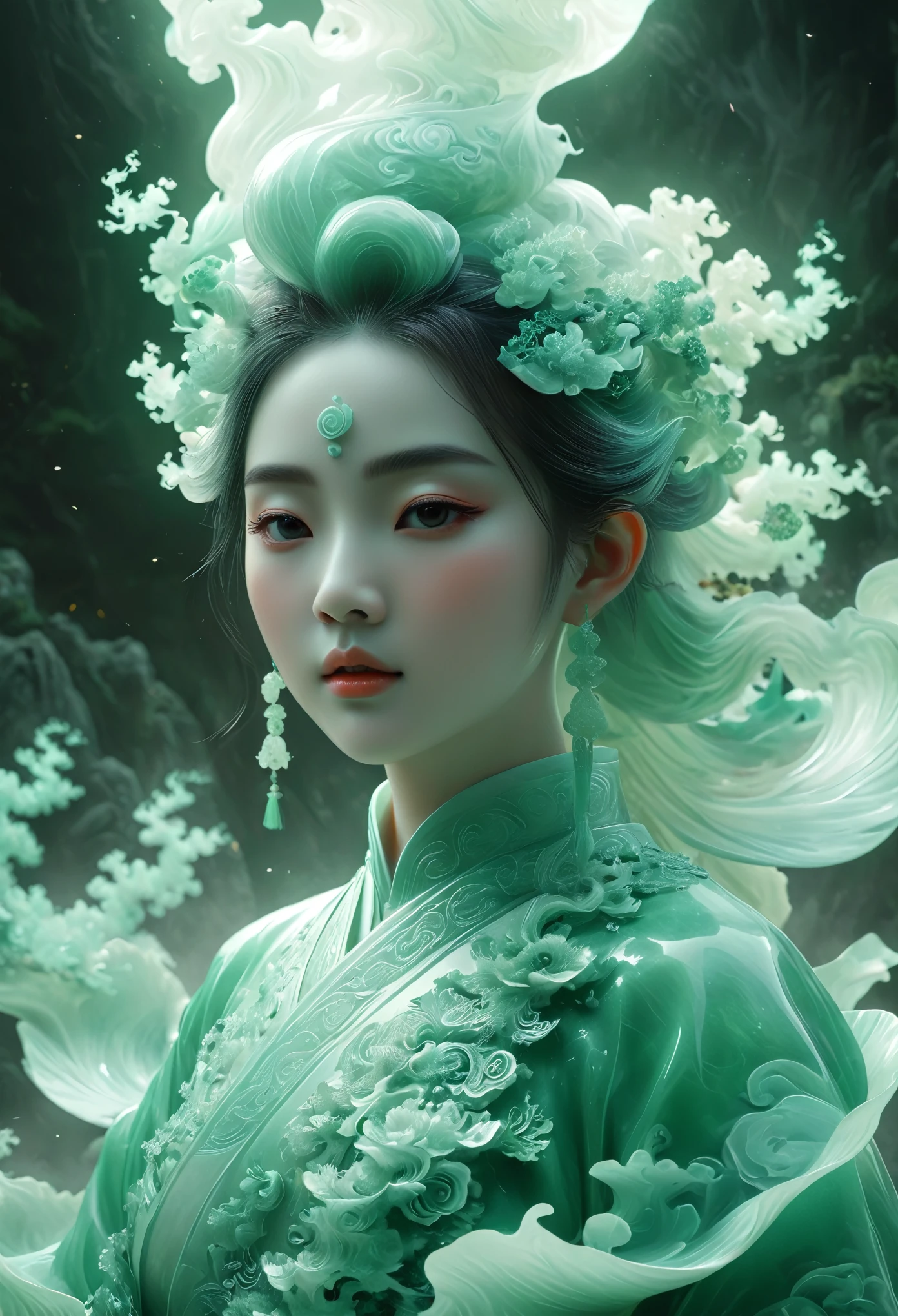 Jade Fractal，luminescent，1 Girl，。(Best quality,4K,8K,A high resolution,Masterpiece:1.2), (Realistic,Photorealistic,photo-realistic:1.37).，Shiny，Exquisite，Monster，Unreal Engine 5，Texture，A three-dimensional character wearinghanfu,minimalism and abstract illustration, chinese ink painting style, chinese xuan paper texture, light penetrate the air, Fractals effect, Phosphore scence effect
