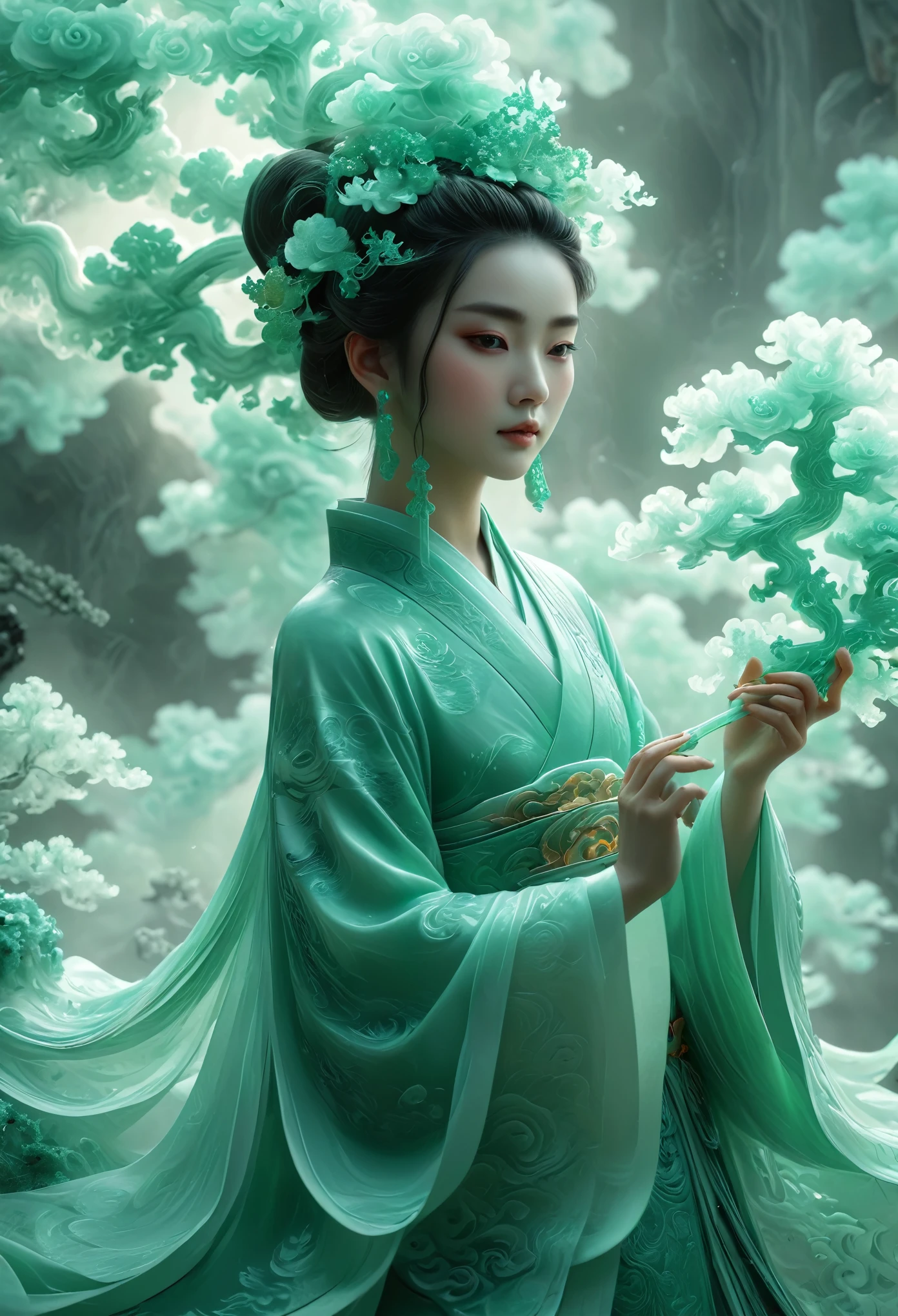 Jade Fractal,luminescent,1 Girl,。(Best quality,4K,8K,A high resolution,Masterpiece:1.2), (Realistic,Photorealistic,photo-realistic:1.37).,Shiny,Exquisite,Monster,Unreal Engine 5,Texture,A three-dimensional character wearinghanfu,minimalism and abstract illustration, chinese ink painting style, chinese xuan paper texture, light penetrate the air, Fractals effect, Phosphore scence effect