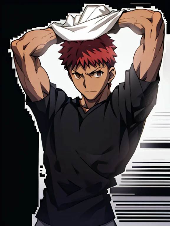 Emiya Shirou is flexing his biceps while his black tshirt is lifted up. His tshirt has short sleeves.