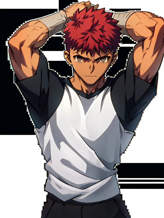 Emiya Shirou is flexing his biceps while his black tshirt is lifted up. His tshirt has short sleeves.