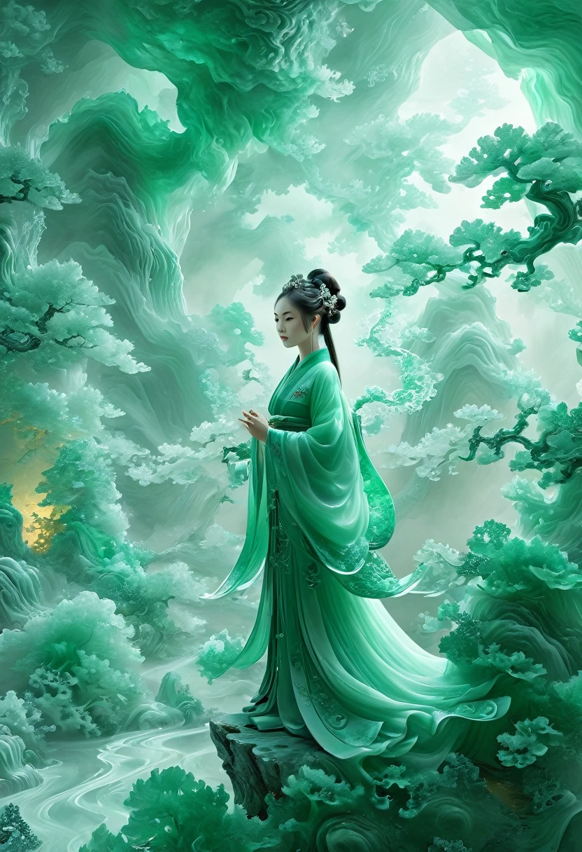 Jade Fractal,luminescent,1 Girl,。(Best quality,4K,8K,A high resolution,Masterpiece:1.2), (Realistic,Photorealistic,photo-realistic:1.37).,Shiny,Exquisite,Monster,Unreal Engine 5,Texture,A three-dimensional character wearinghanfu,minimalism and abstract illustration, chinese ink painting style, chinese xuan paper texture, light penetrate the air, Fractals effect, Phosphore scence effect