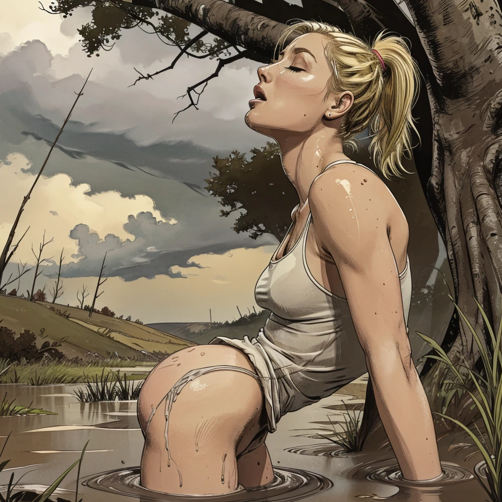 drowned in mud, bog, grass, trees, muck, orgasm, looking up, eyes closed, mouth open, stormy weather, Solo, From Side, wearing tank top and panty, blonde hair in ponytail