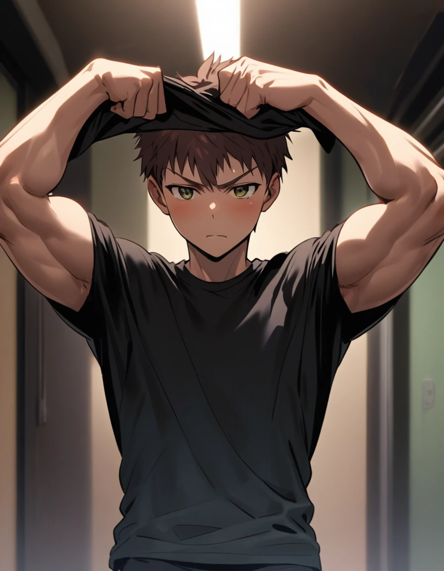 Emiya Shirou is flexing his biceps while his black tshirt is lifted up. His tshirt has short sleeves.