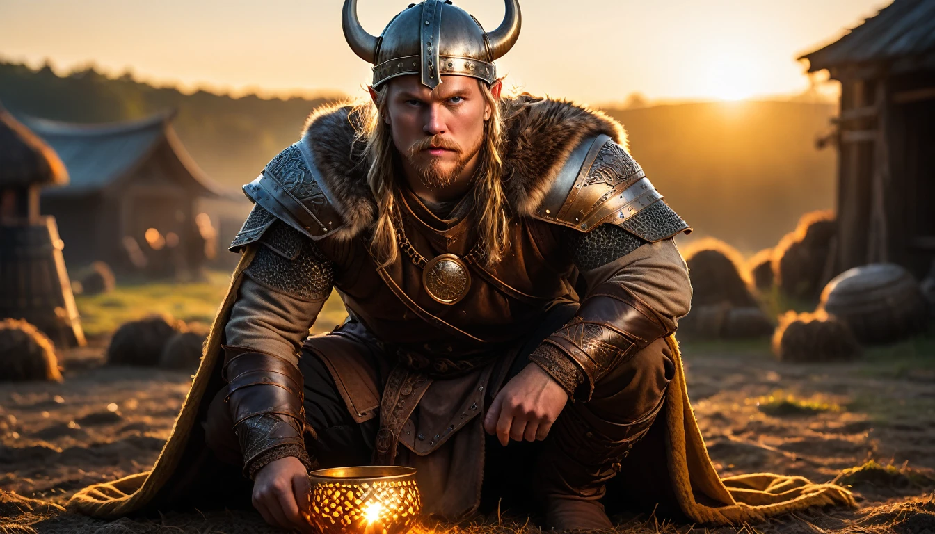 As the sun began to set, The warm golden hues of the sun illuminated his ornate attire, casting a warm glow across the area, Ground-level shot, badass viking eating, background dark, hyper realistic, ultra detailed hyper realistic, photorealistic, Studio Lighting, reflections, dynamic pose, Cinematic, Color Grading, Photography, Shot on 50mm lens, Ultra-Wide Angle, Depth of Field, hyper-detailed, beautifully color, 8k, golden light from the front,