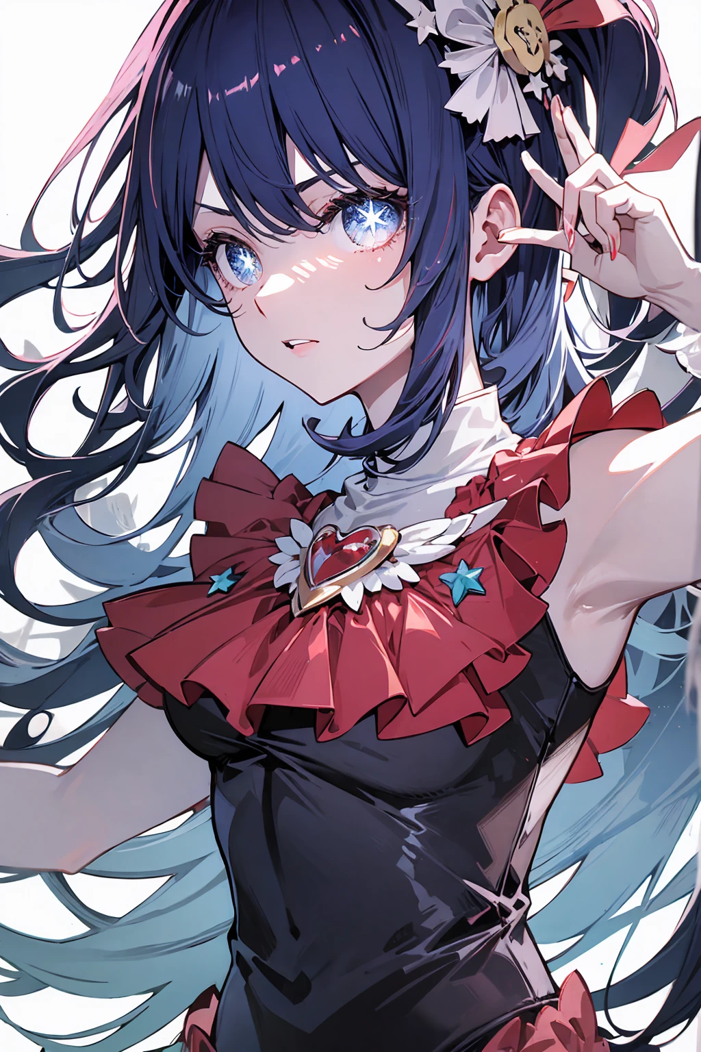 Blue hair girl, radiant blue eyes with a star in the middle, dressed as idol.