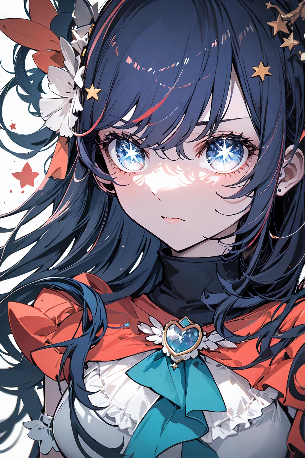 Blue hair girl, radiant blue eyes with a star in the middle, dressed as idol.