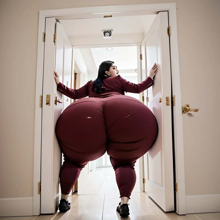 masterpiece, 1girl behind a doorway, from behind, (doorstuck, stuckback:1.3), ssbbw ,huge wide hips, round belly, thick thighs, giant butt,colorful clothing, wearing a maroon red suit and tie and formal pants, upset, desperately trying to wiggle through, she tries to free herself but she won't budge, she is stuck tight view from behind, she is too wide, the doorway is quite narrow too, she kicks her legs furiously, trying to wiggle her hips through the small door, but its no good, the door is too small, she keeps trying to squeeze through with frustration, she is stuck too tight