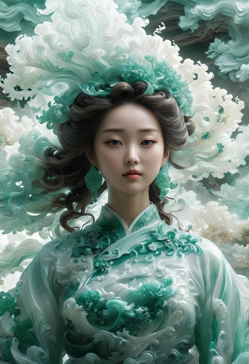 Jade Fractal,luminescent,1 Girl,。(Best quality,4K,8K,A high resolution,Masterpiece:1.2), (Realistic,Photorealistic,photo-realistic:1.37).,Shiny,Exquisite,Monster,Unreal Engine 5,Texture,A three-dimensional character wearinghanfu,minimalism and abstract illustration, chinese ink painting style, chinese xuan paper texture, light penetrate the air, Fractals effect, Phosphore scence effect