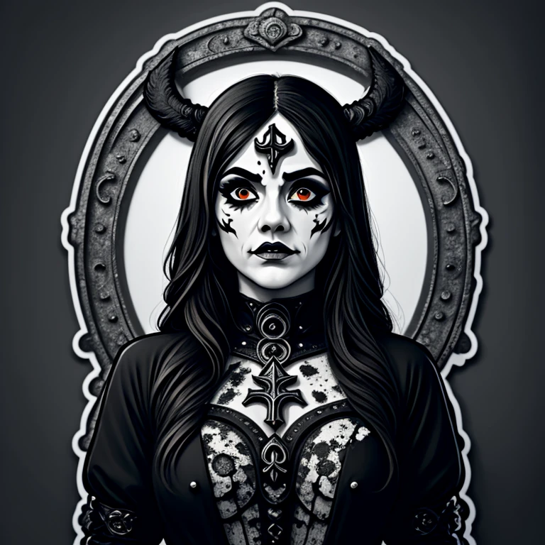 a drawing of a woman, women's t-shirt with very detailed makeup, Corpse Paint (in Portuguese: corpse painting) is a type of black and white facial painting, widely used by black metal bands, streetwear design, professional vector, cartoon style, full design, only 3 colors, solid colors, no shadows, full design, sticker, basic colors, white background. basic colors like blue, black and gray.
