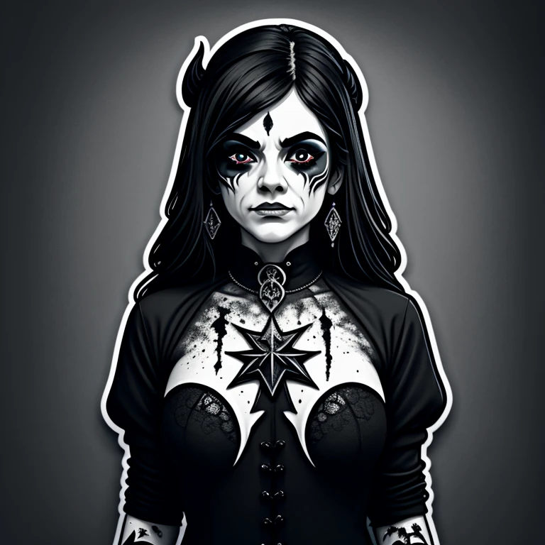 a drawing of a woman, women's t-shirt with very detailed makeup, Corpse Paint (in Portuguese: corpse painting) is a type of black and white facial painting, widely used by black metal bands, streetwear design, professional vector, cartoon style, full design, only 3 colors, solid colors, no shadows, full design, sticker, basic colors, white background. basic colors like blue, black and gray.
