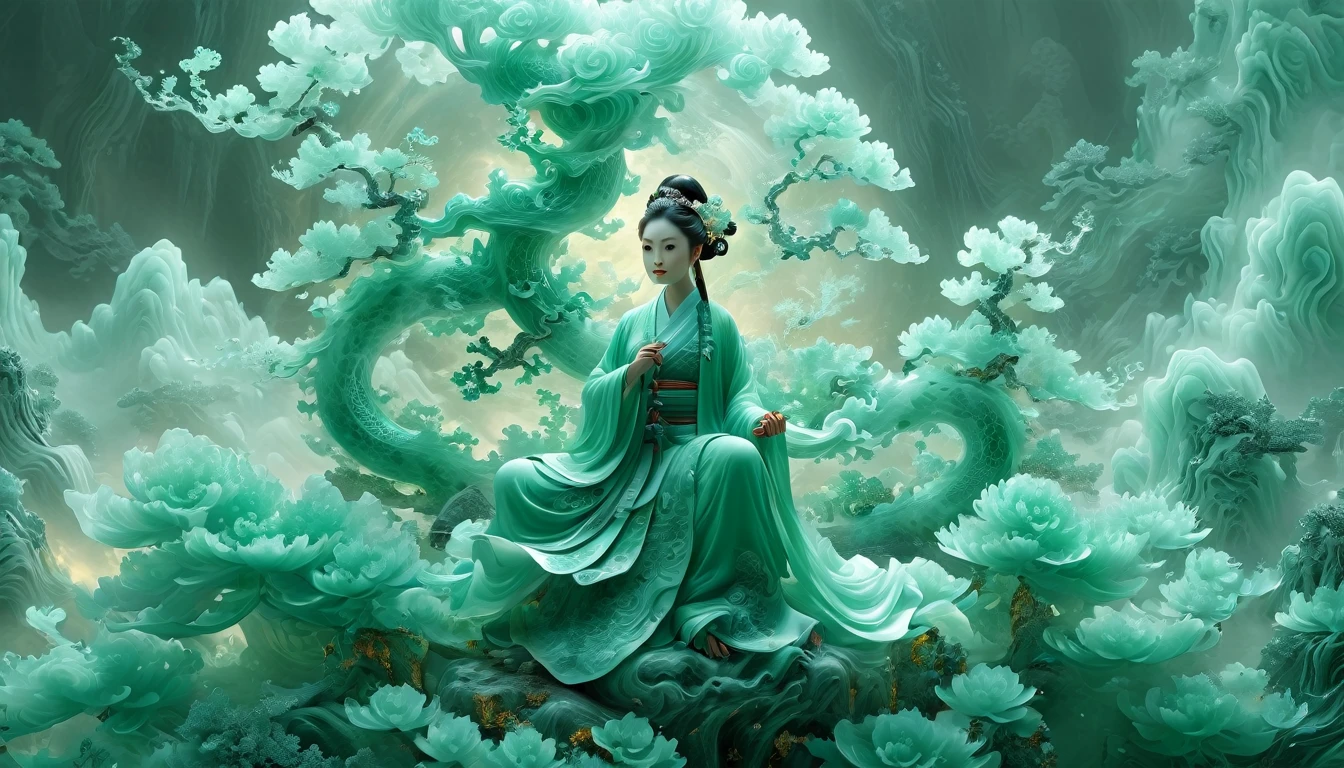 Jade Fractal，luminescent，1 Girl，。(Best quality,4K,8K,A high resolution,Masterpiece:1.2), (Realistic,Photorealistic,photo-realistic:1.37).，Shiny，Exquisite，Monster，Unreal Engine 5，Texture，A three-dimensional character wearinghanfu,minimalism and abstract illustration, chinese ink painting style, chinese xuan paper texture, light penetrate the air, Fractals effect, Phosphore scence effect
