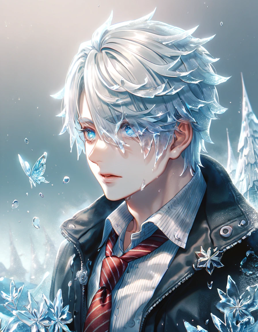 absurd resolution, high resolution, ultra detailed, detailed eyes, extremely detailed, HDR, 8K, delicated features, Jack Rutherford, short hair, white hair, hair gelled back, hair over the right eye, the tips of his hair are blonde, expressive blue eyes, Code Vein, solo, sexy man, handsome, striped black and white unbuttoned dress shirt, black jacket, a red untied necktie, ice, cold, ice butterflies, ice flower, ice petals, ice trees, ice world