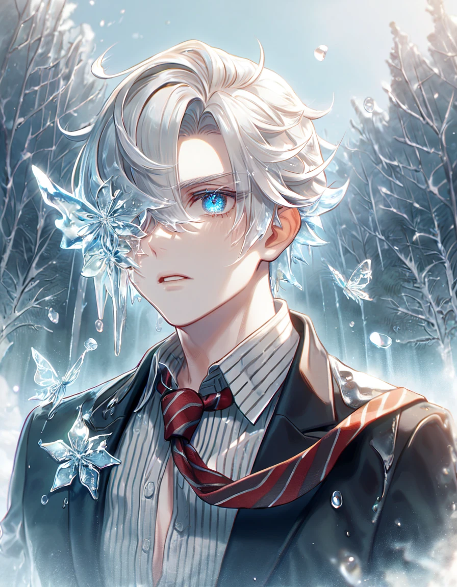 absurd resolution, high resolution, ultra detailed, detailed eyes, extremely detailed, HDR, 8K, delicated features, Jack Rutherford, short hair, white hair, hair gelled back, hair over the right eye, the tips of his hair are blonde, expressive blue eyes, Code Vein, solo, y man, handsome, striped black and white unbuttoned dress shirt, black jacket, a red untied necktie, ice, cold, ice butlies, ice flower, ice petals, ice trees, ice world