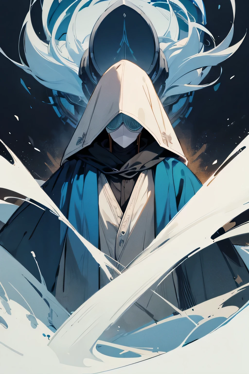 A man with a hood with a drawing of an eye covering his face. This man wore a cloak the color of his hood.