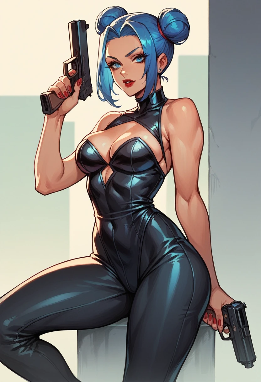 beautyfull woman, blue buns hair, black leotard, black pants, red lipstick, adult, sexy, holding gun, secret agent