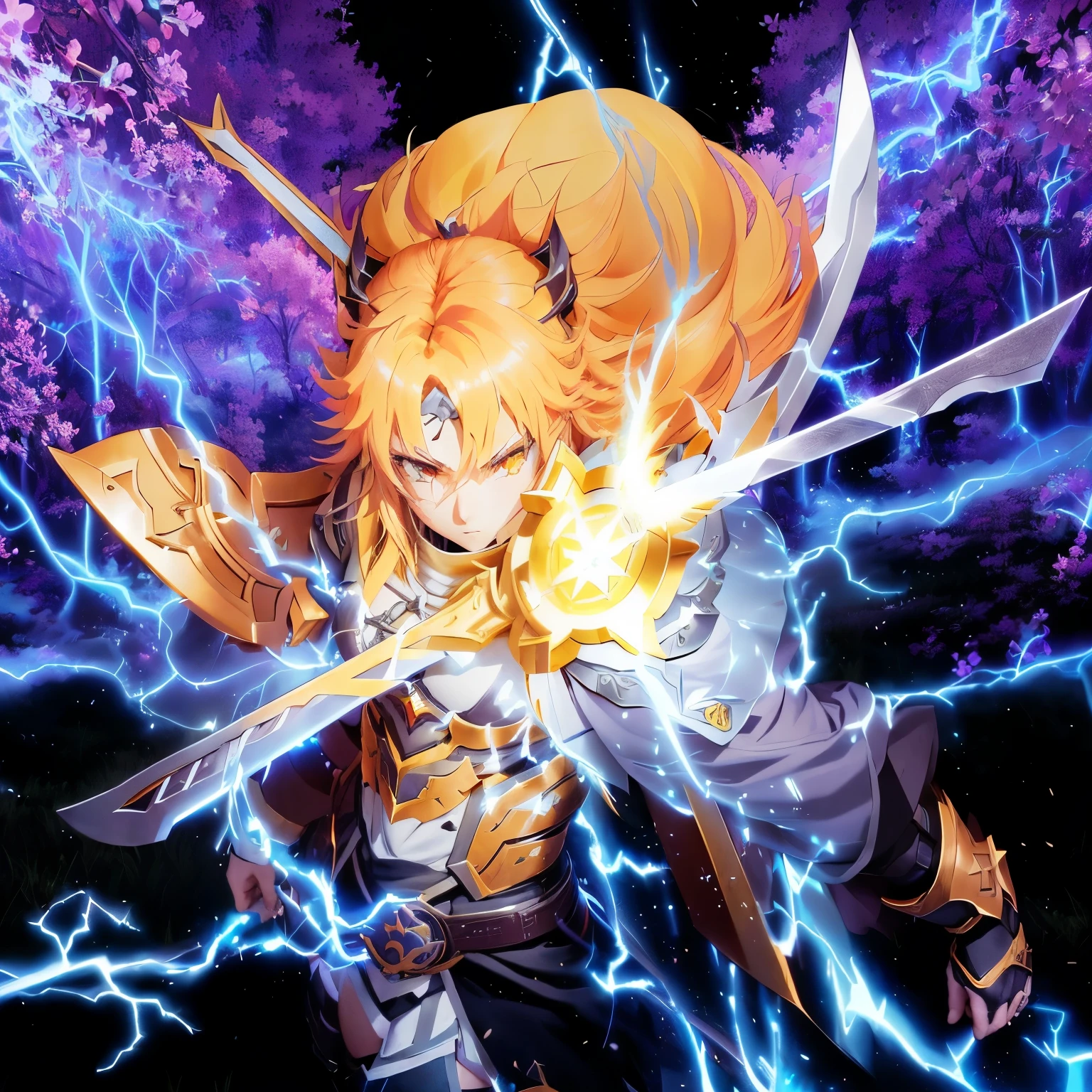 anime character with a sword and a shield in a field of lightning, badass anime 8 k, demon slayer artstyle, epic anime style, blazing infero, anime epic artwork, epic 8 k hd anime shot, !!beautiful!!, an epic anime of a energy man, advanced digital anime art ”, anime fight, epic anime, demon slayer rui fanart, demon slayer