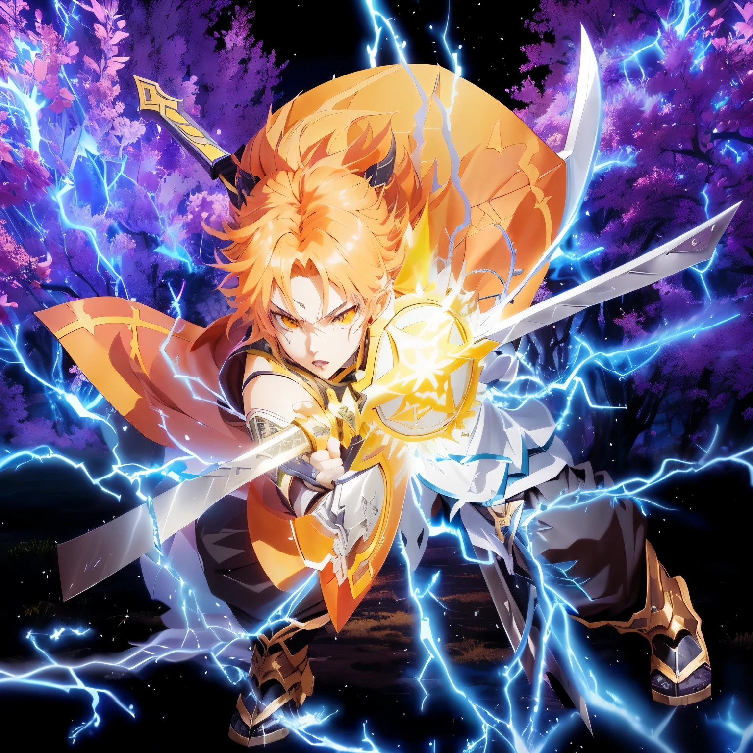 anime character with a sword and a shield in a field of lightning, badass anime 8 k, demon slayer artstyle, epic anime style, blazing infero, anime epic artwork, epic 8 k hd anime shot, !!beautiful!!, an epic anime of a energy man, advanced digital anime art ”, anime fight, epic anime, demon slayer rui fanart, demon slayer