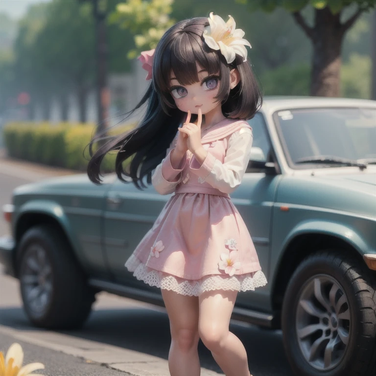 (masterpiece:1.2, Ultra detailed,1.5, unity 8k wallpaper, detailed finger:1.2), Lily flower:1.5, Girl, beautiful, roadside