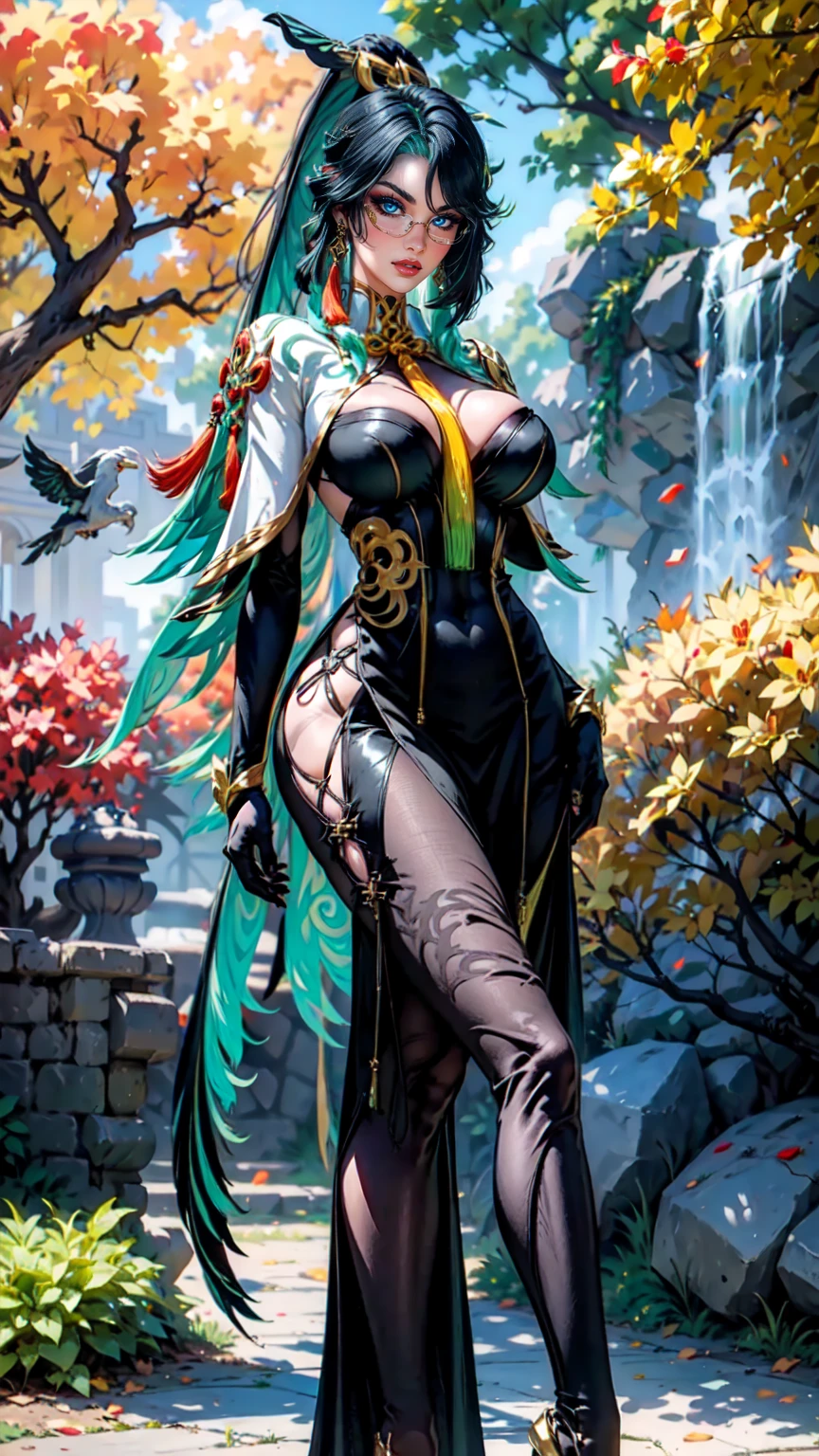 (masterpiece, best quality), 1girl, 1girl,hair ornament,multicolored hair,very long hair, ponytail,green eyes,red glasses,under-rim eyewear, earrings, tassel,jewelry, capelet, bodysuit, long sleeves, black gloves,long dress,bodystocking,hip vent, clothing cutout,standing in the Park