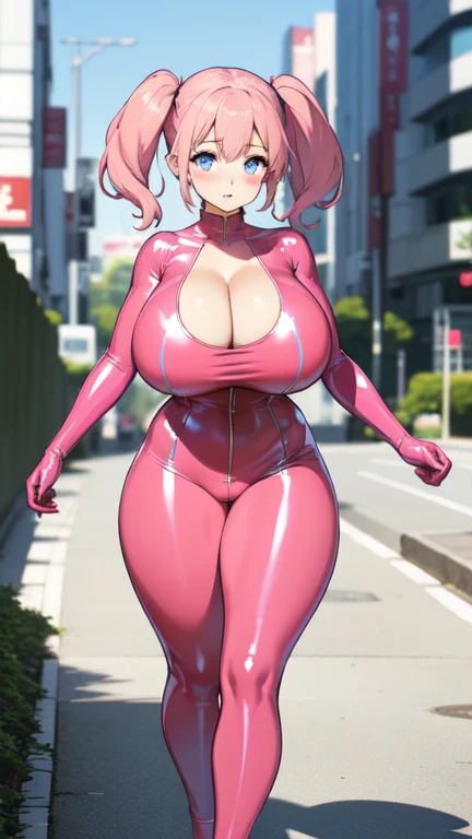 ((Highest quality)), ((masterpiece)), (detailed), 
((huge breasts))
((Very thick thighs))
((Very fleshy young woman))
(Tall)
(cleavage)
(Pink twintails hair)
Blue eyes
Standing
(((Shoot from front)))
(((photograph the whole body)))
(((Pink latex suit)))
Japanese 
Tokyo city