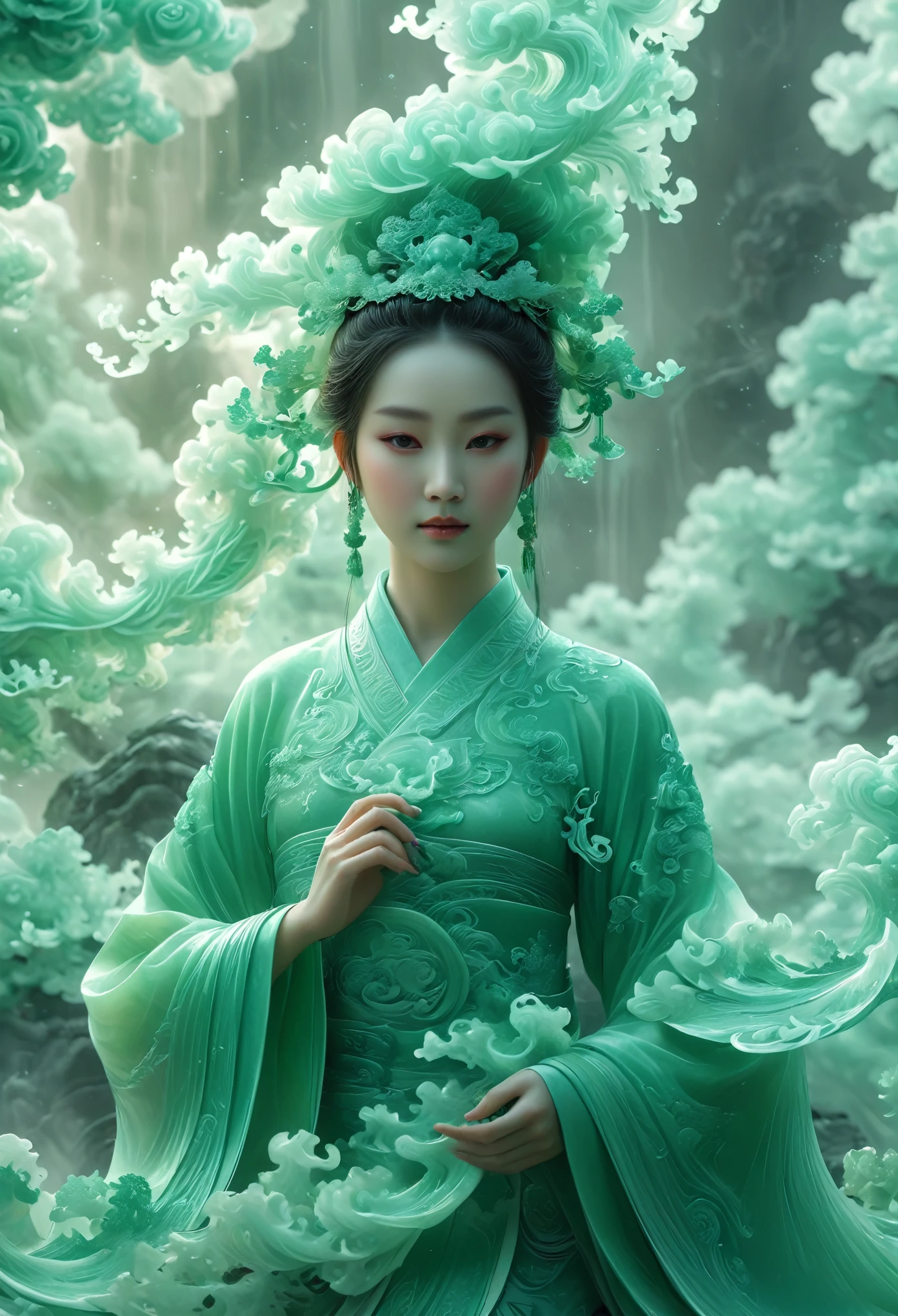 Jade Fractal,luminescent,1 Girl,。(Best quality,4K,8K,A high resolution,Masterpiece:1.2), (Realistic,Photorealistic,photo-realistic:1.37).,Shiny,Exquisite,Monster,Unreal Engine 5,Texture,A three-dimensional character wearinghanfu,minimalism and abstract illustration, chinese ink painting style, chinese xuan paper texture, light penetrate the air, Fractals effect, Phosphore scence effect