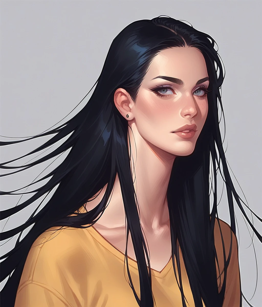 uploaded e621, score_9, score_8_up, score_7_up, score_6_up, score_5_up, score_4_up, rating_safe, smooth, source_furry, {realistic},a close up of a woman with long black hair and a yellow shirt, long black straight hair, with straight black hair, black long hair, long black hair, female with long black hair, long flowing black hair, long straight black hair, long black shiny hair, with long black hair, long free black straight hair, with long hair, very long black hair