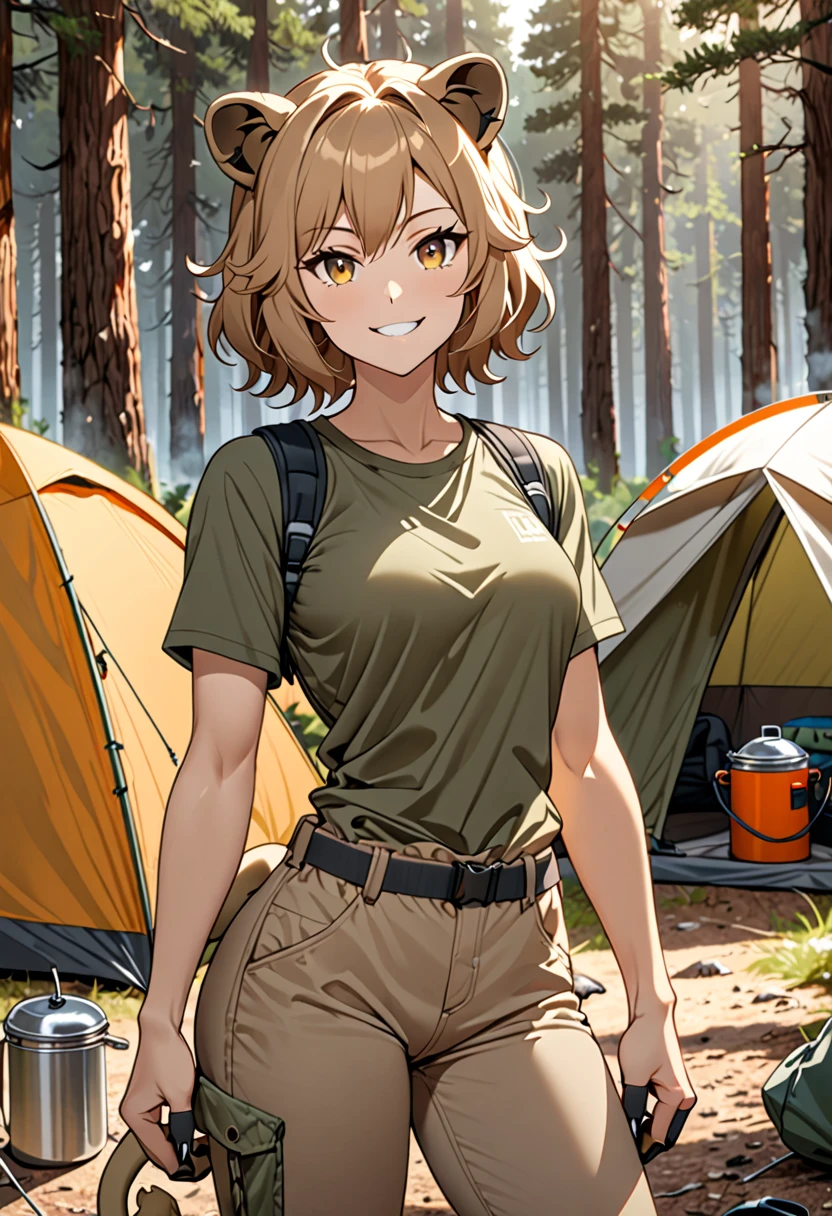 solo female, lion girl, lion ears and tail, short wild sandy hair, hazel eyes, fit, broad shoulders, narrow waist, curvaceous, tomboy, smile, furry claws, medium shot, casual clothes, underbrush, outdooors, camping