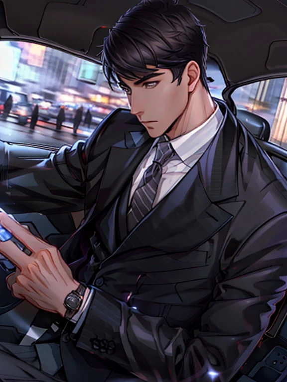 Victor (Love&Producer), solo, short hair, shirt, black hair, 1boy, closed mouth, jacket, white shirt, upper body, male focus, necktie, striped, vest, night, formal, suit, ground vehicle, lens flare, car, black suit, city lights, car interior