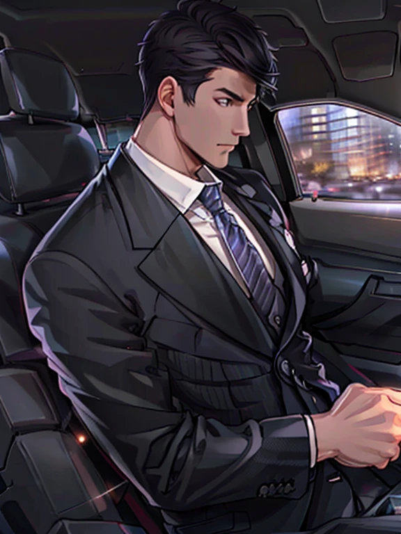 Victor (Love&Producer), solo, short hair, shirt, black hair, 1boy, closed mouth, jacket, white shirt, upper body, male focus, necktie, striped, vest, night, formal, suit, ground vehicle, lens flare, car, black suit, city lights, car interior