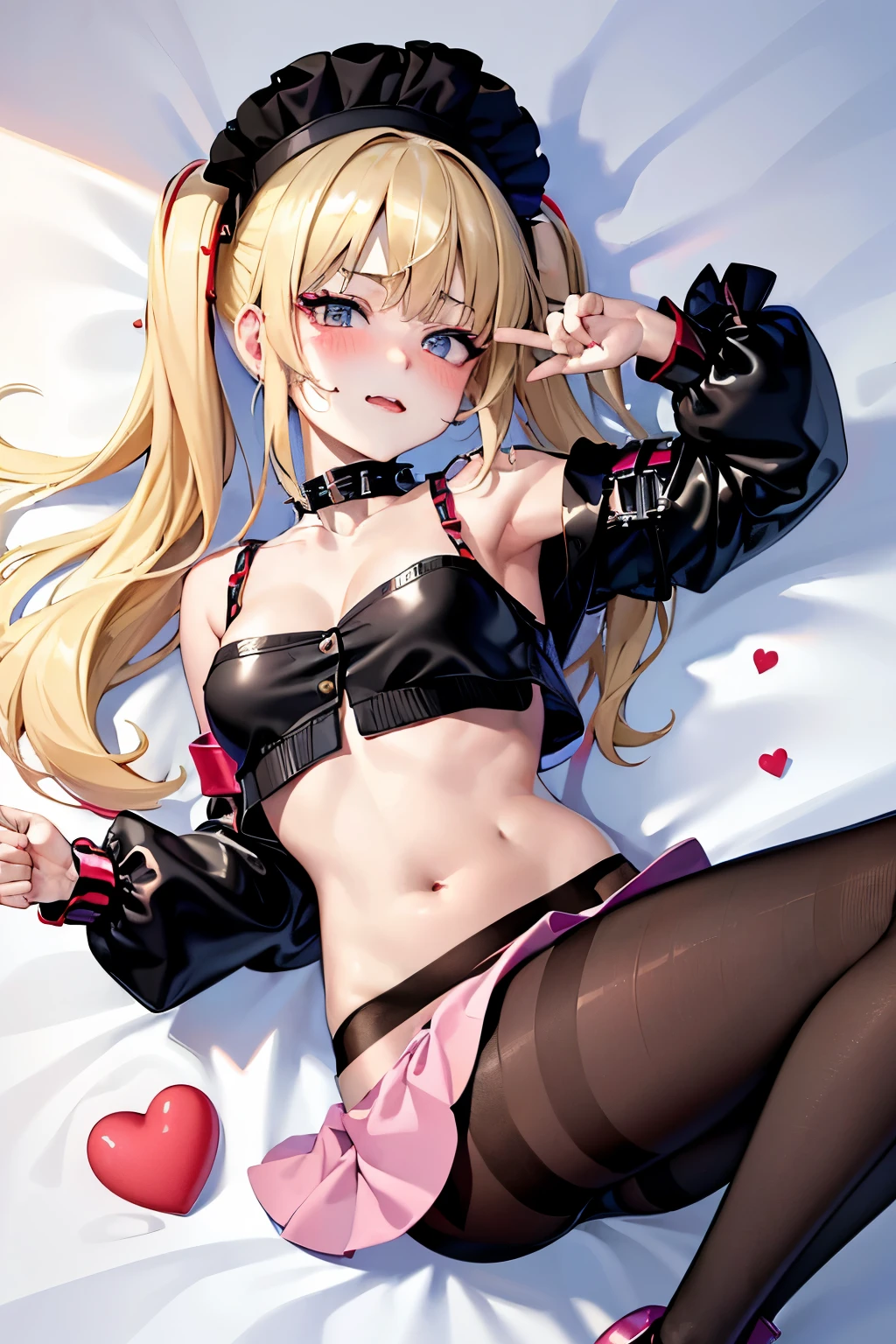 (Highest quality:1.1), (masterpiece:1.4), (Absurd:1.0), 
One Girl, navel, cleavage,midriff,collar, bracelet, crop top, torn clothes、 spiked collar,  Medium chest、Looking at the audience、Bedroom、(blush:1.2)、Happy expression、(((pantyhose)))、(Showing pantieicro Mini Skirt))、((boots))、Blonde