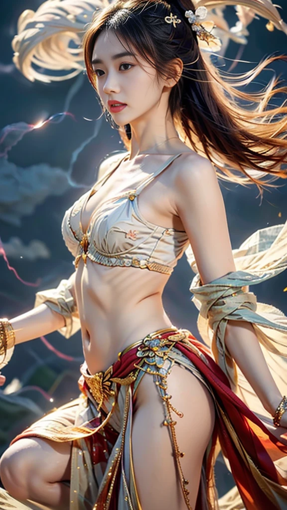 (8k, RAW photo, best quality, masterpiece:1.2), (realistic, photo-realistic:1.4), (extremely detailed CG unity 8k wallpaper), (1 girl:1.5), (yellow skirt: 1.4), looking at the audience, red spots on forehead, pale skin, blush, big eyes, full body, thighs, open navel, gold waist chain, gold jewelry, flying ribbons, particles, background is Loulan ancient city, ancient city wall, desert, gentle smile, charming eyes, (chest: 1.2), authentic style, dance, dunhuang_dress, dunhuang_style,