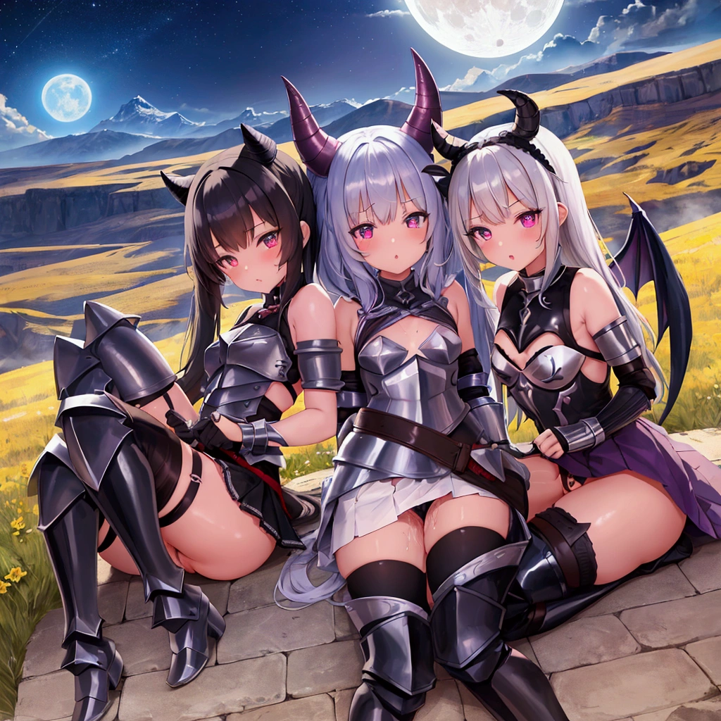 three s in armor and skirt, no panties, pussy juice, ass, gauntlet, wearing stockings and boots, all little girltail hair, all little girls with thinfferent color hair, all girls with tribal tattoos, all girls with demon horns, all girls with different colored eyes, grassy field, mountains in the background, ruined castles, full moon night, ultra HD, 8K